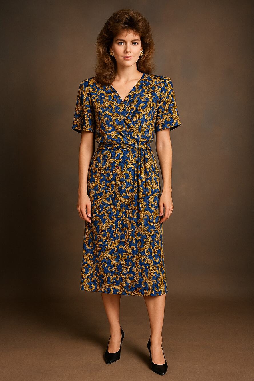 Vintage Silk Patterned Blue Front Tie Wrap Dress Retro Swing Women Midi